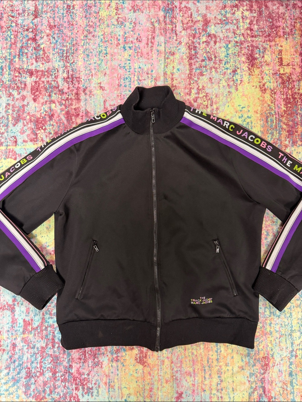 Marc Jacobs Black Track Jacket with Purple Stripe Accents